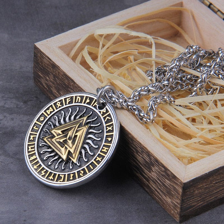 Collar Vikingo \"Colgante Sol Rúnico y Valknut Collar Vikingo \"Colgante Sol Rúnico y Valknut