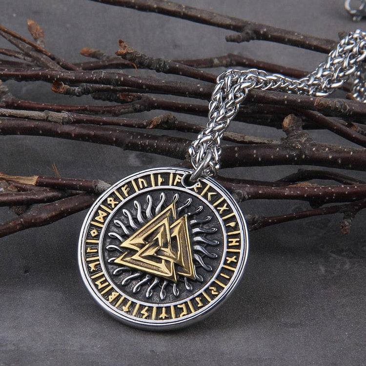 Collar Vikingo \"Colgante Sol Rúnico y Valknut Collar Vikingo \"Colgante Sol Rúnico y Valknut
