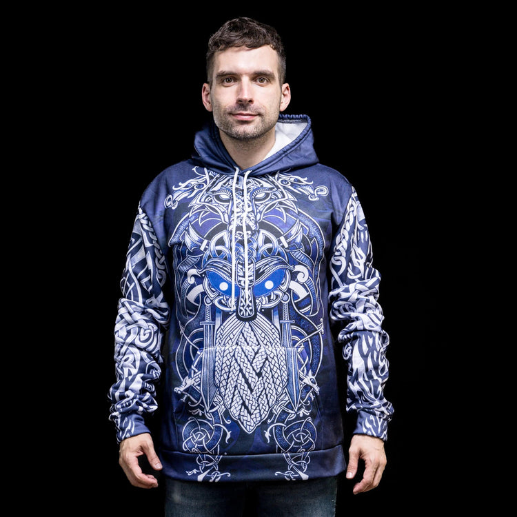 Sudadera vikinga con capucha \"Fenrir y Odín - Duelo de destinos Sudadera vikinga con capucha \"Fenrir y Odín - Duelo de destinos