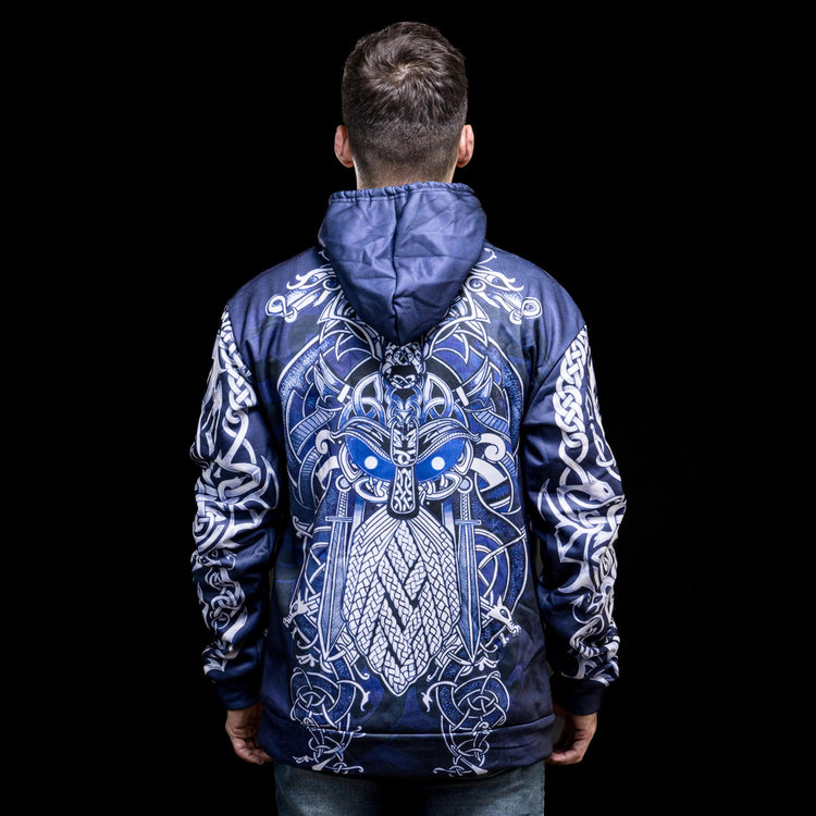 Sudadera vikinga con capucha \"Fenrir y Odín - Duelo de destinos Sudadera vikinga con capucha \"Fenrir y Odín - Duelo de destinos