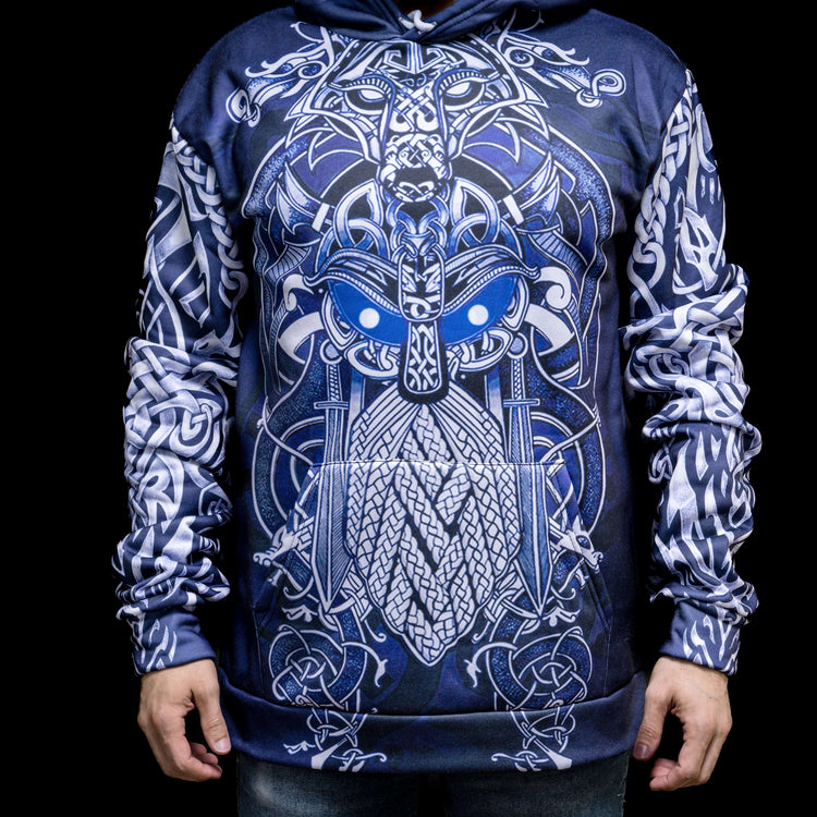 Sudadera vikinga con capucha \"Fenrir y Odín - Duelo de destinos Sudadera vikinga con capucha \"Fenrir y Odín - Duelo de destinos