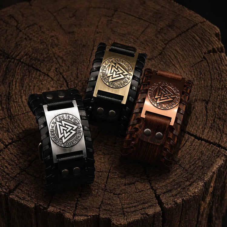 Pulsera de cuero ajustable - Símbolo Valknut®