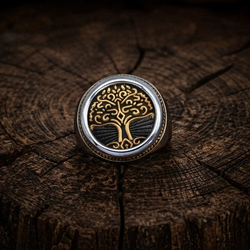 Bague symbolique Chevalière Arbre de Vie dorée - acier inoxydable - Odins Hall