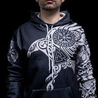 Sudadera vikinga con capucha \"Majestic Raven - Sacred Symbols of Odin