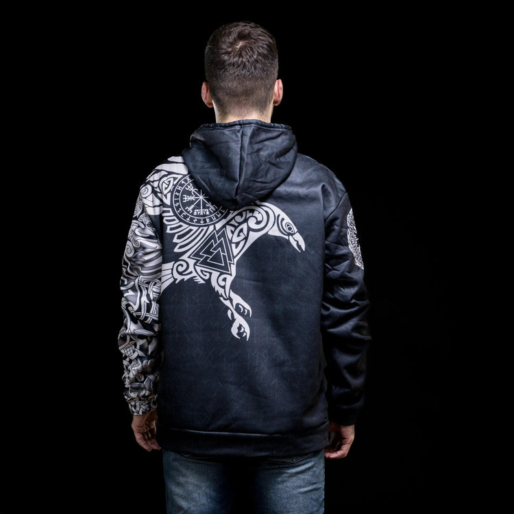 Sudadera vikinga con capucha "Majestic Raven - Sacred Symbols of Odin