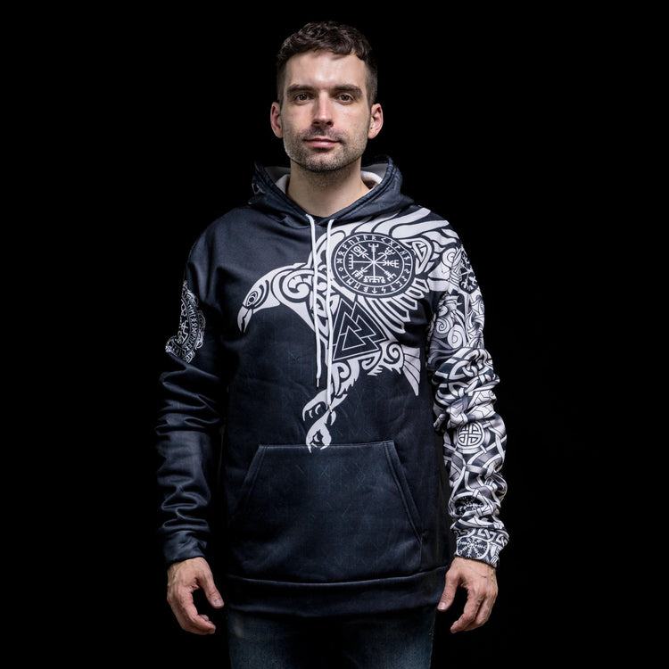 Sudadera vikinga con capucha "Majestic Raven - Sacred Symbols of Odin