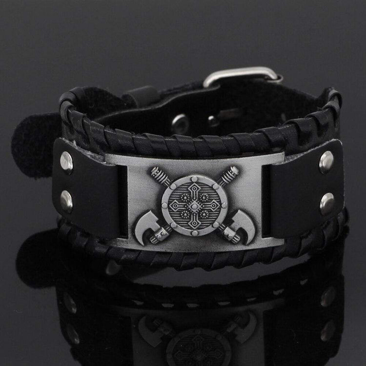 Pulsera de cuero con escudo vikingo