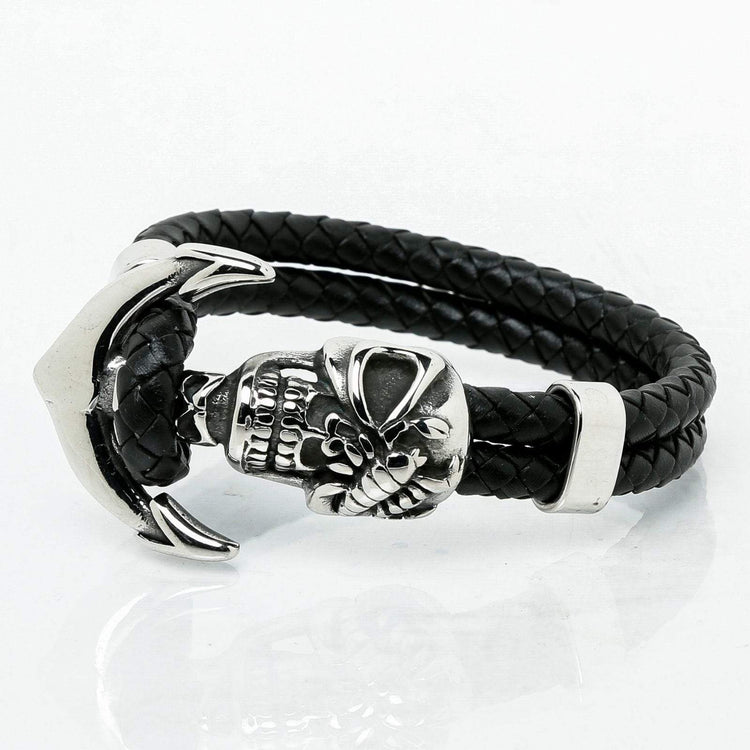 Pulsera de cuero con forma de calavera vikinga