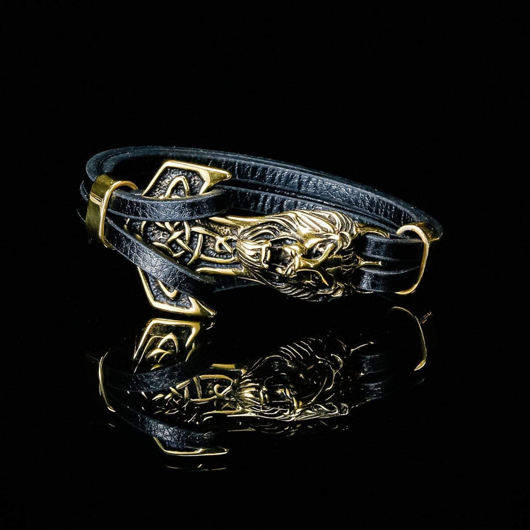 Pulsera vikinga cabeza de león en cuero